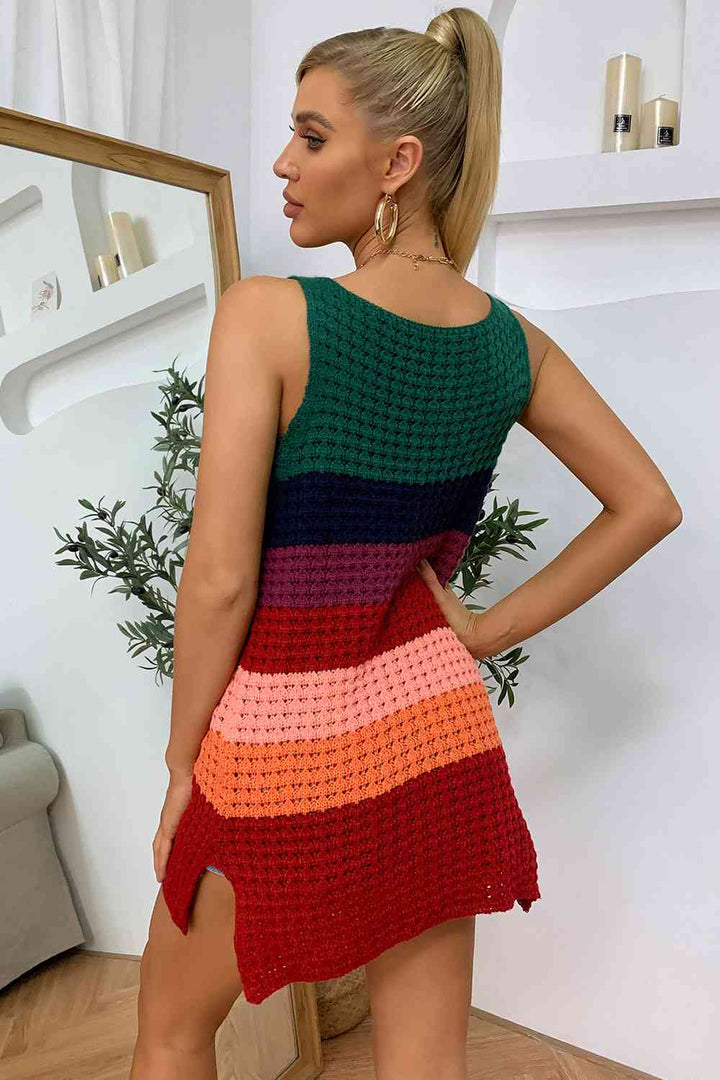 Color Block Notched Neck Slit Sweater Dress |1mrk.com