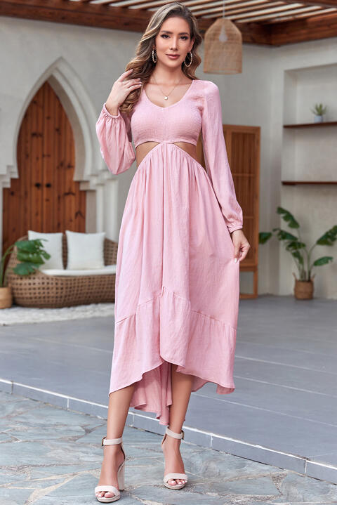 Smocked Cutout High-Low V-Neck Dress |1mrk.com