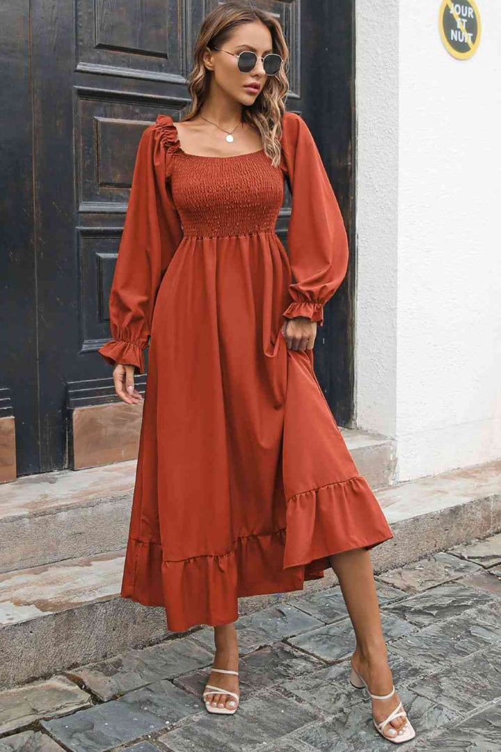 Smocked Ruffle Hem Flounce Sleeve Dress |1mrk.com