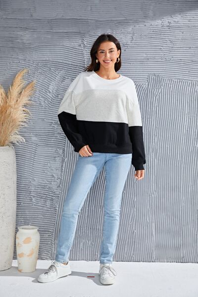 Color Block Round Neck Long Sleeve Sweatshirt |1mrk.com