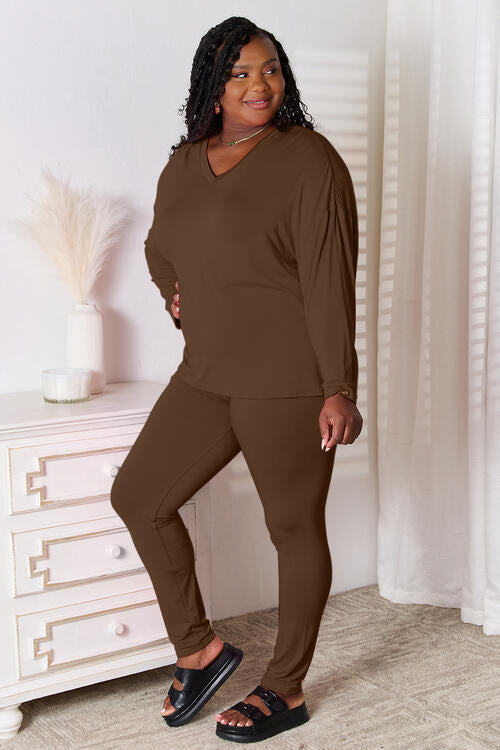 Basic Bae Full Size V-Neck Soft Rayon Long Sleeve Top and Pants Lounge Set | 1mrk.com