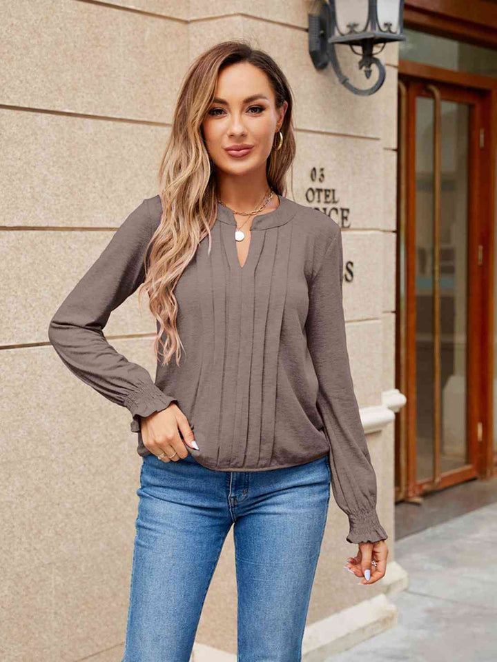 Pleated Notched Neck Flounce Sleeve Blouse | 1mrk.com