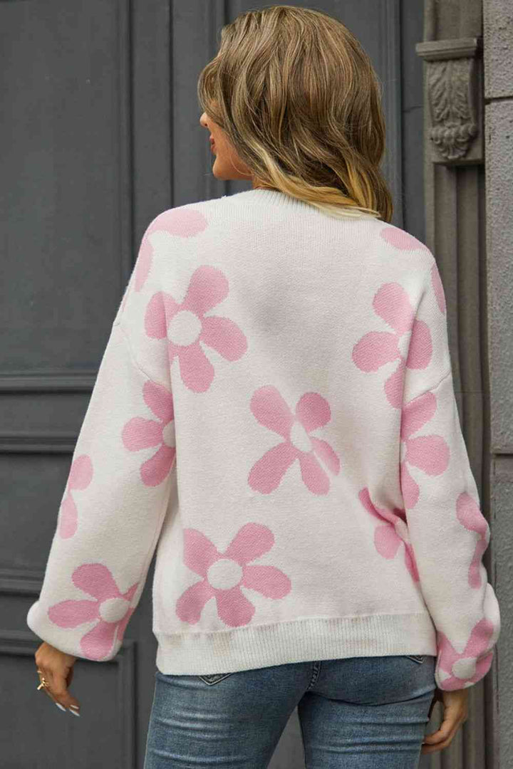 Floral Print Round Neck Dropped Shoulder Pullover Sweater |1mrk.com