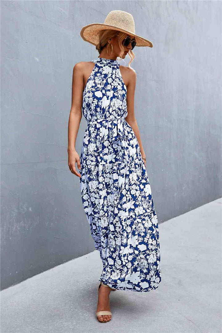 Printed Sleeveless Tie Waist Maxi Dress |1mrk.com