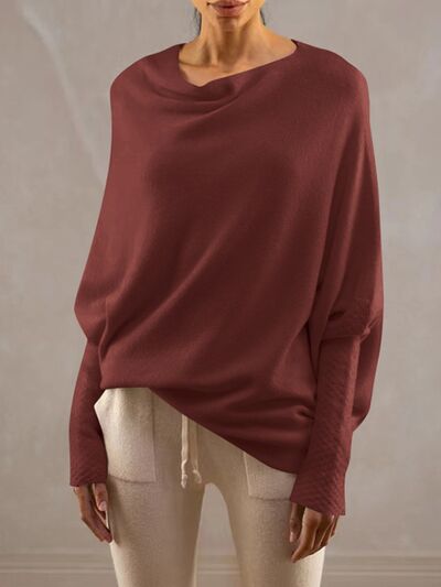 Full Size Boat Neck Batwing Sleeve Knit Top | Trendsi