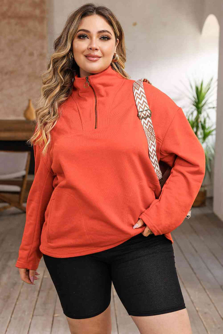 Plus Size Zip-Up Dropped Shoulder Sweatshirt |1mrk.com