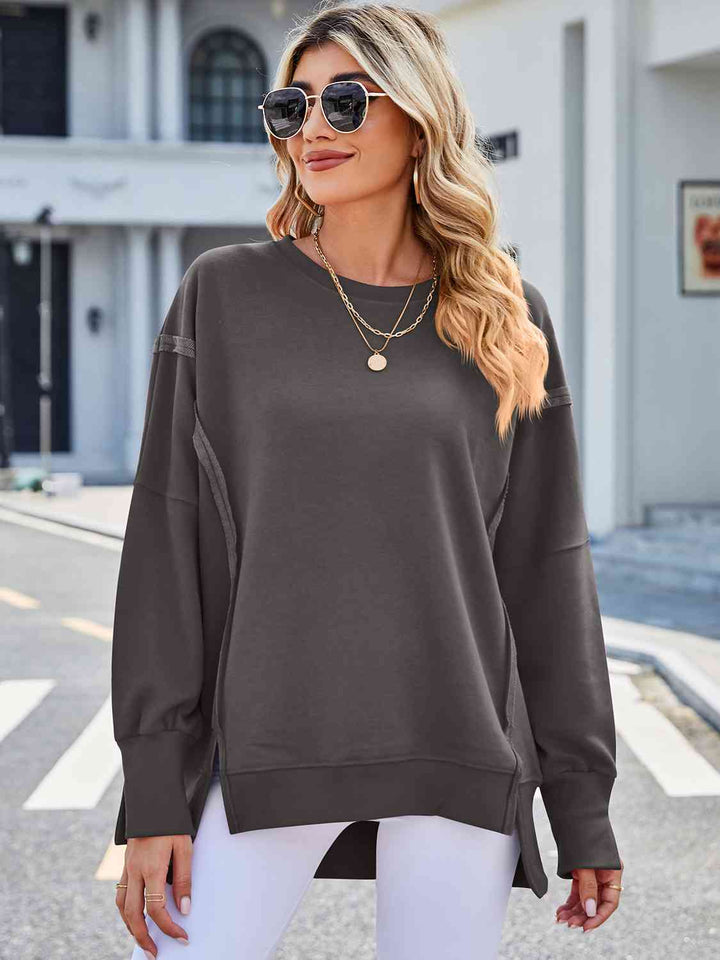 Exposed Seam High-Low Round Neck Sweatshirt |1mrk.com