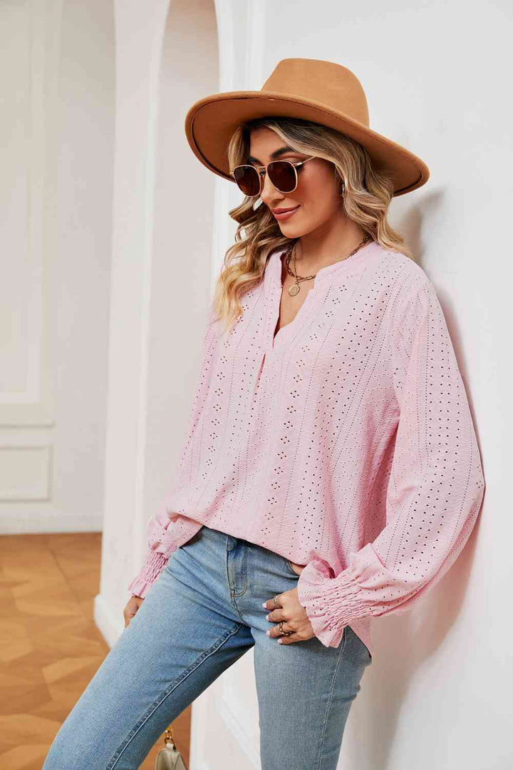 Notched Neck Flounce Sleeve Blouse | 1mrk.com