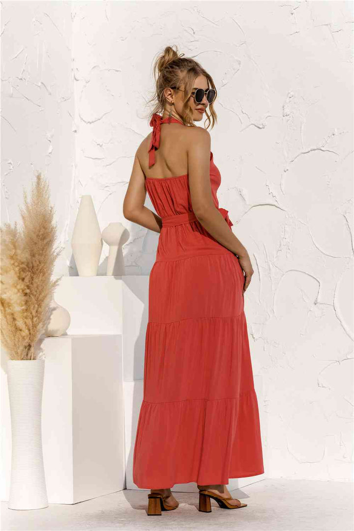 Halter Neck Tie Waist Tiered Maxi Dress |1mrk.com