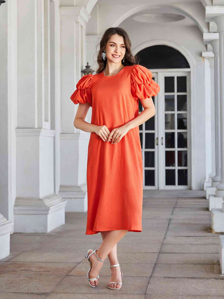 Round Neck Bubble Sleeve Straight Hem Midi Dress |1mrk.com