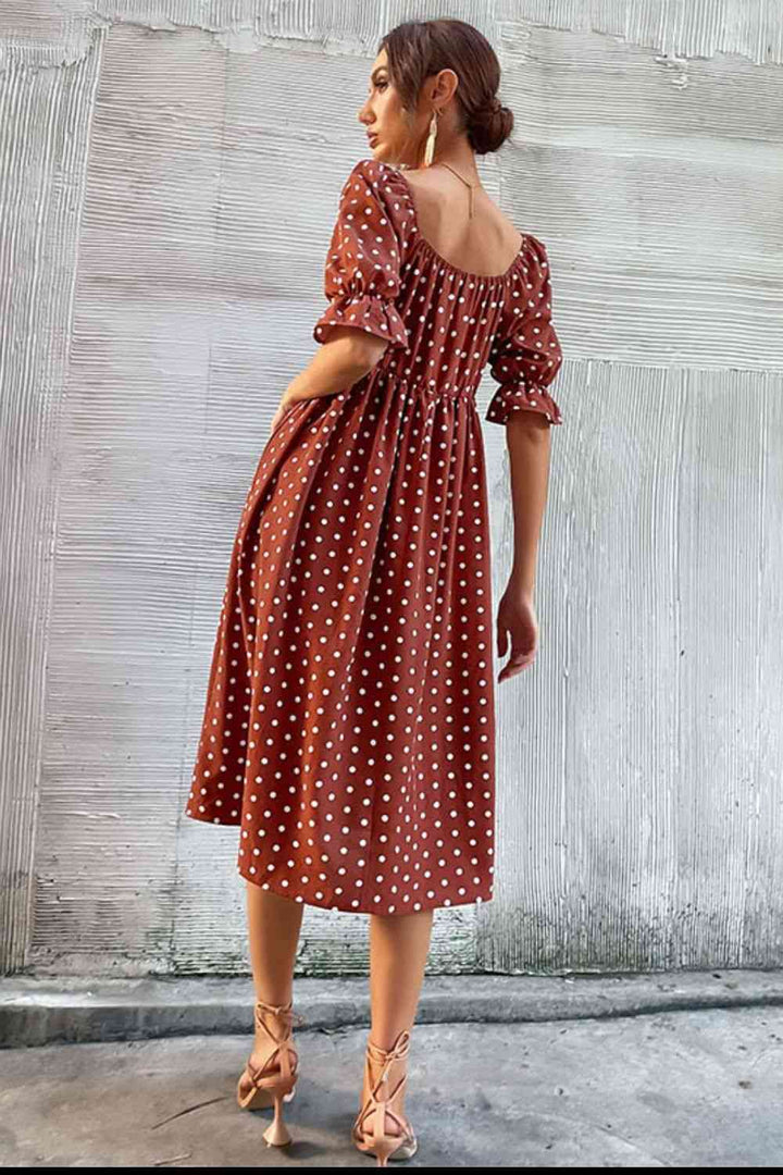 Polka Dot Square Neck Flounce Sleeve Dress | 1mrk.com