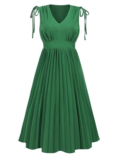 Pleated V-Neck Sleeveless Midi Dress |1mrk.com