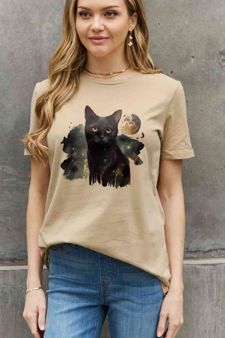 Simply Love Full Size Black Cat Graphic Cotton Tee | 1mrk.com