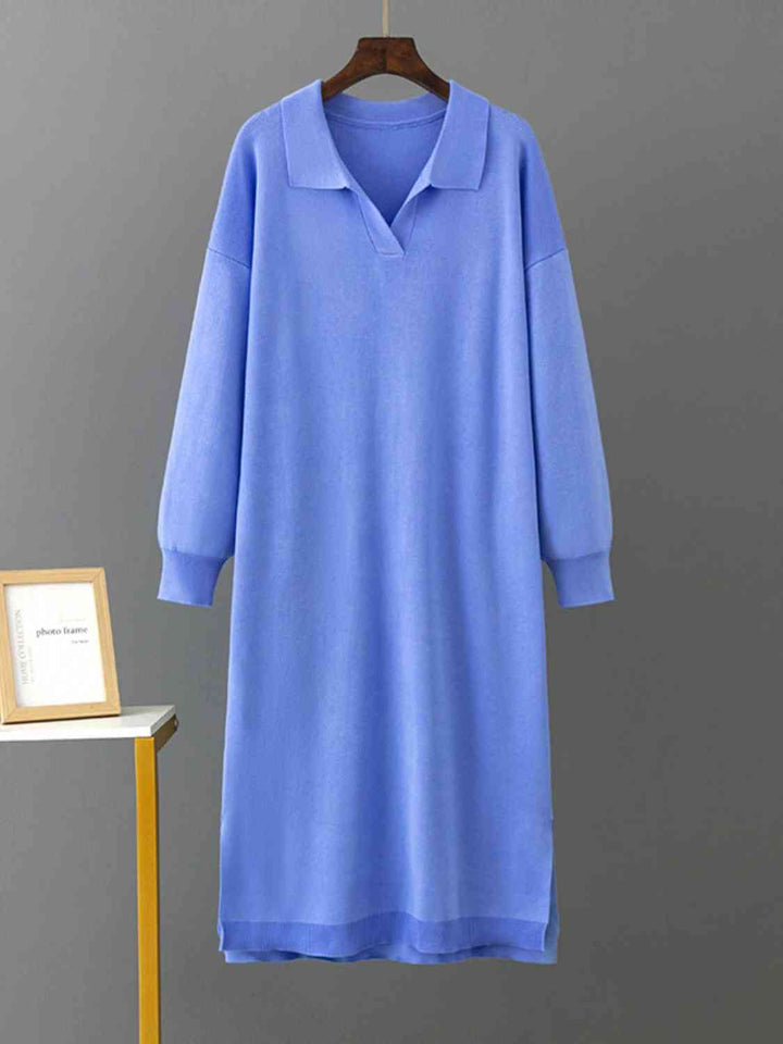 Johnny Collar Long Sleeve Slit Sweater Dress |1mrk.com