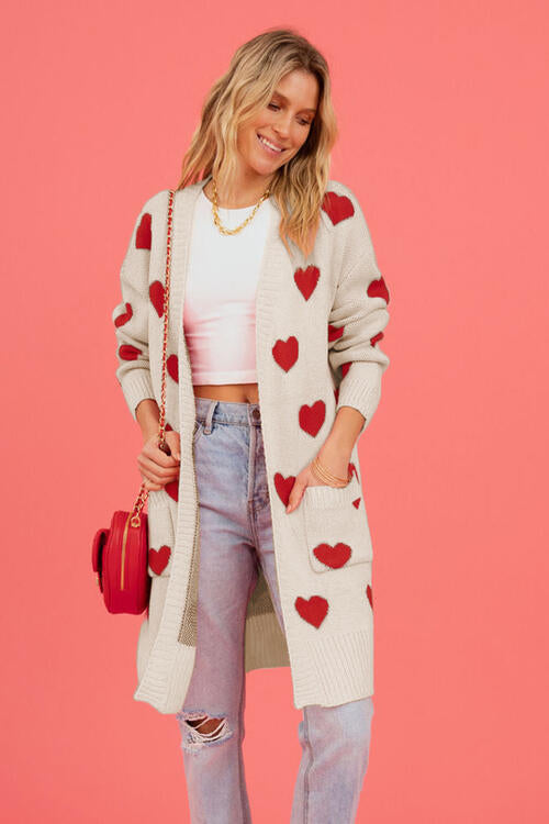 Heart Graphic Open Front Cardigan with Pockets |1mrk.com