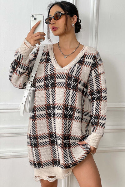 Plaid V-Neck Long Sleeve Sweater Dress | 1mrk.com