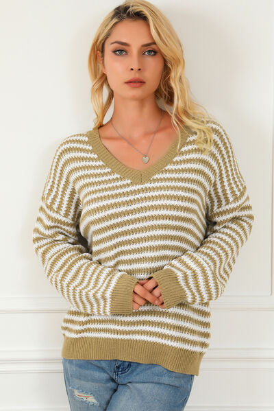 Striped V-Neck Dropped Shoulder Sweater |1mrk.com