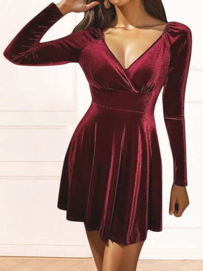 Surplice Ruched Long Sleeve Mini Dress |1mrk.com