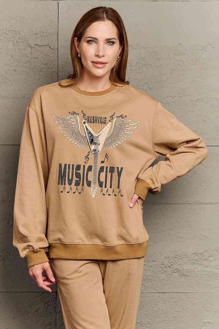 Simply Love Simply Love Full Size Round Neck Dropped Shoulder MUSIC CITY Graphic Sweatshirt |1mrk.com