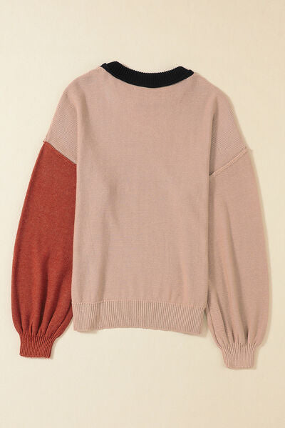 Contrast Round Neck Dropped Shoulder Sweater |1mrk.com