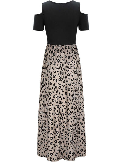 Leopard Round Neck Cold Shoulder Dress |1mrk.com