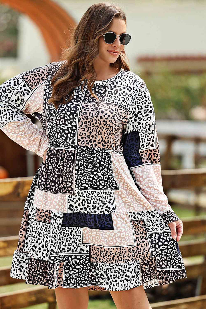 Plus Size Round Neck Leopard Print Long Sleeve Mini Dress |1mrk.com