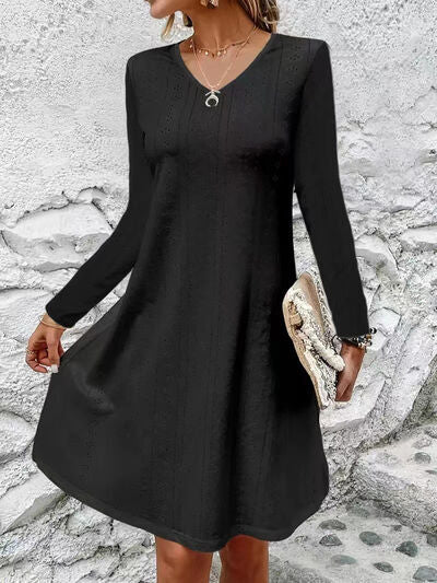 Eyelet V-Neck Long Sleeve Mini Dress |1mrk.com