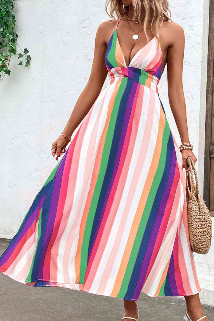 Multicolored Stripe Crisscross Backless Dress |1mrk.com