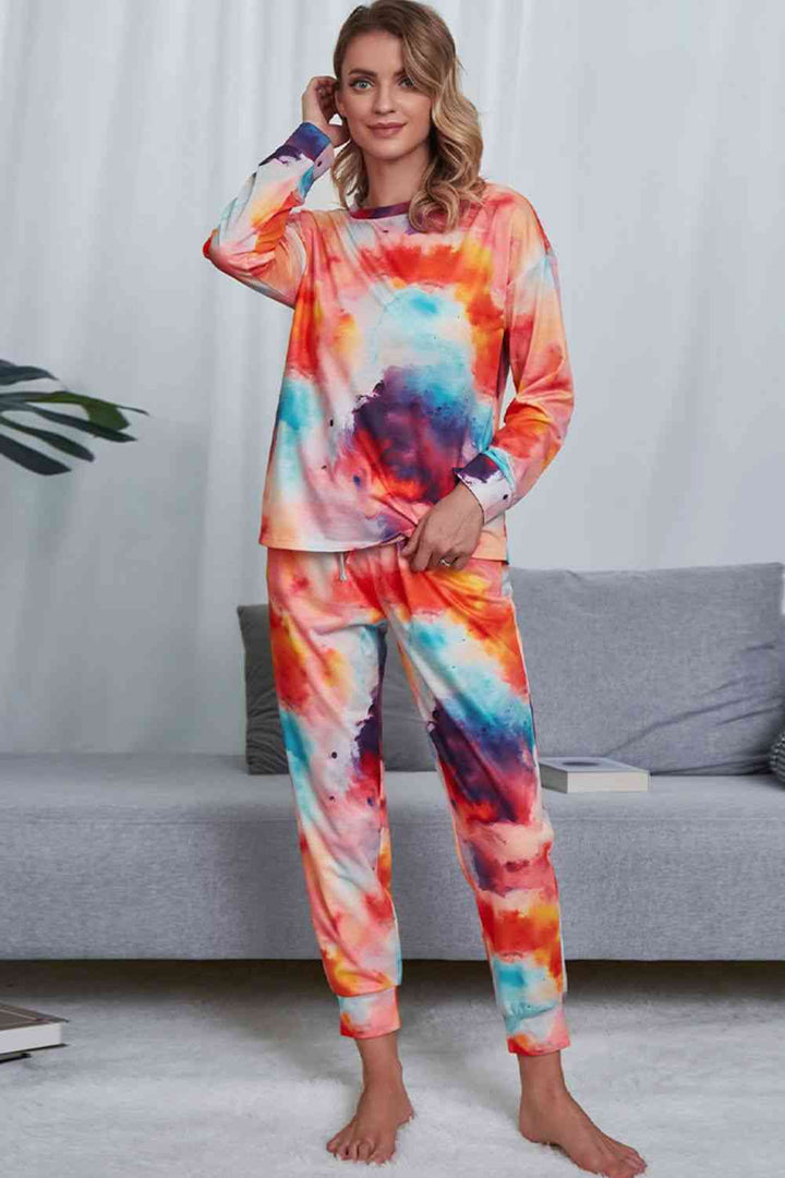 Tie-Dye Crewneck Top and Drawstring Waist Joggers Lounge Set | 1mrk.com