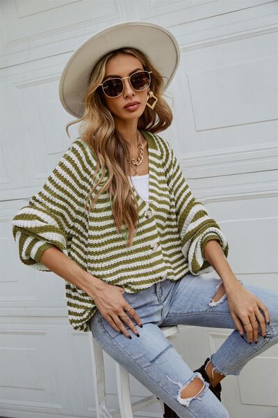 Striped Button Up Long Sleeve Cardigan |1mrk.com