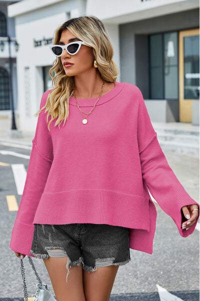 High-Low Slit Round Neck Long Sleeve Sweater | Trendsi