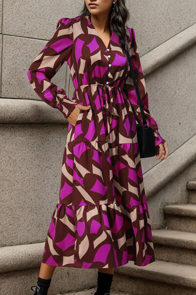 Printed Tied Pocketed Lantern Sleeve Dress | 1mrk.com