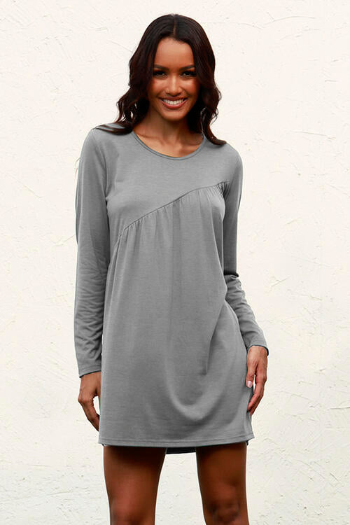 Ruched Round Neck Long Sleeve Dress | 1mrk.com