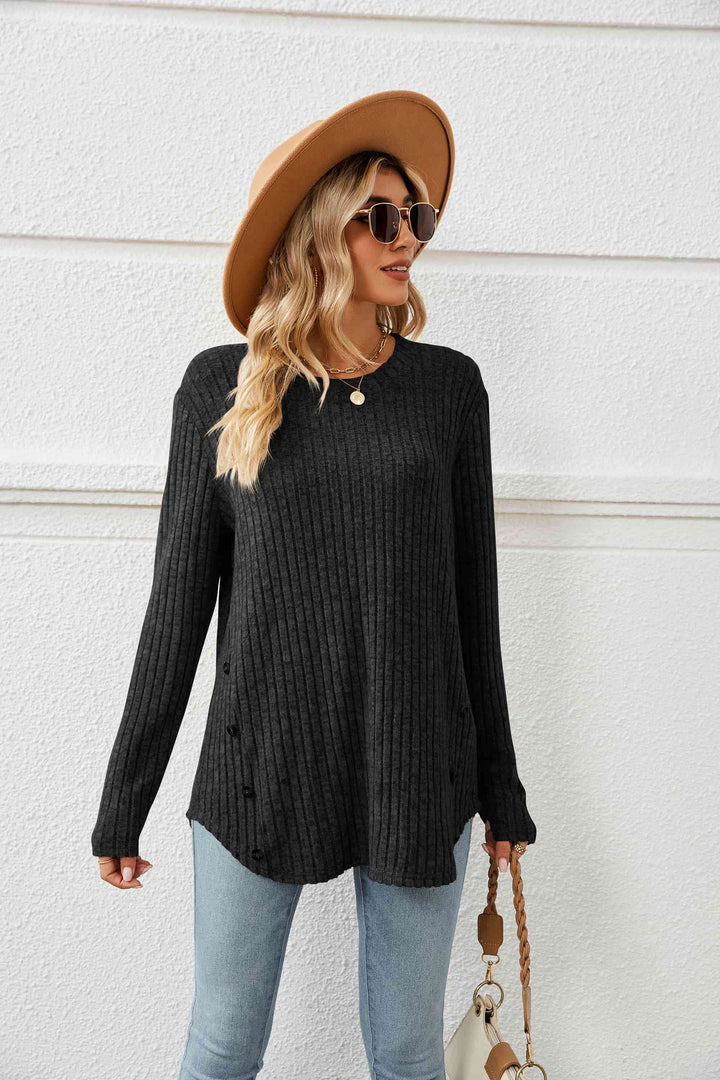 Round Neck Ribbed Long Sleeve T-Shirt | 1mrk.com