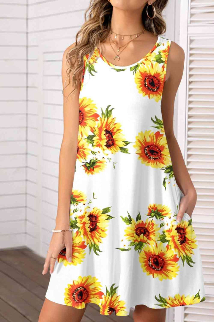 Printed Round Neck Sleeveless Dress |1mrk.com