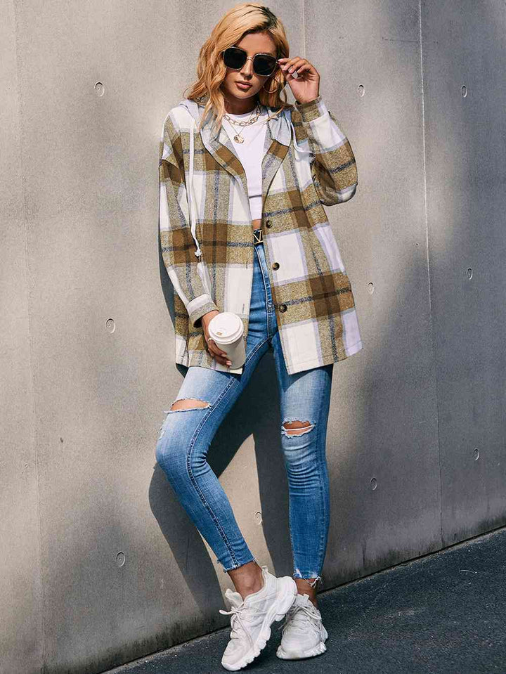 Plaid Dropped Shoulder Hooded Jacket | 1mrk.com