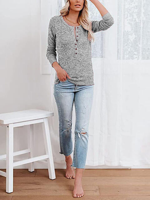 Round Neck Buttoned Long Sleeve T-Shirt | 1mrk.com