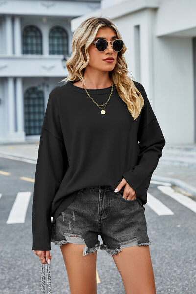 Round Neck Dropped Shoulder Sweater |1mrk.com