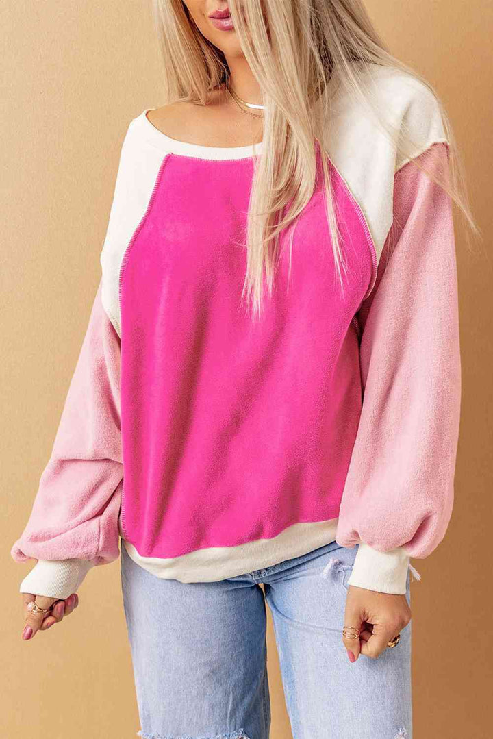 Round Neck Dropped Shoulder Color Block Sweatshirt |1mrk.com