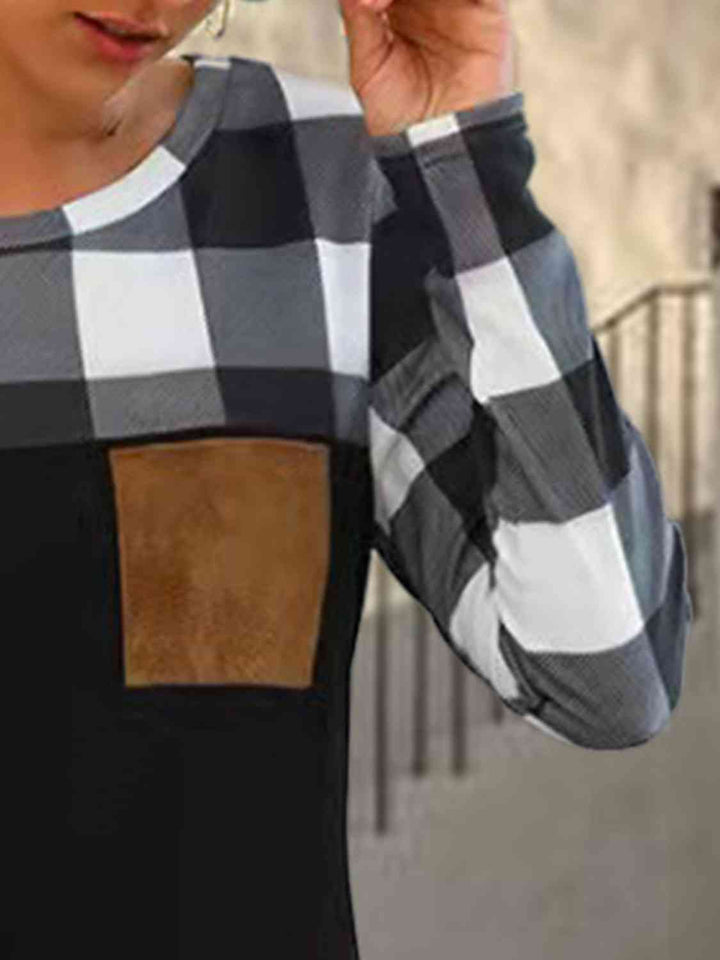 Plaid Round Neck Long Sleeve T-Shirt | 1mrk.com