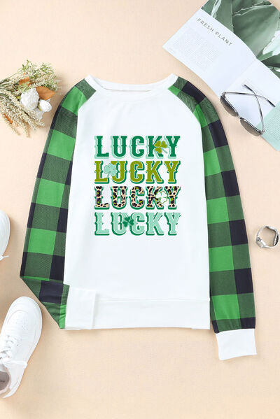 LUCKY Plaid Round Neck Raglan Sleeve T-Shirt | Trendsi