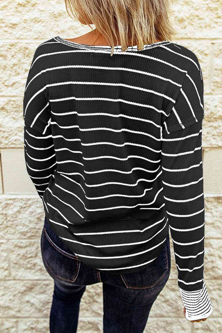 Striped Waffle Knit Henley Long Sleeve Top | 1mrk.com