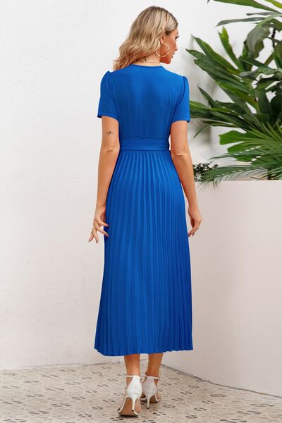 Pleated Surplice Short Sleeve Midi Dress |1mrk.com