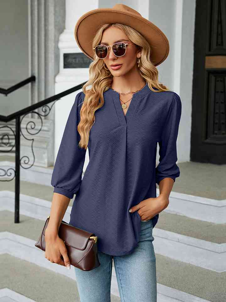 Notched Neck Three-Quarter Sleeve Blouse | 1mrk.com