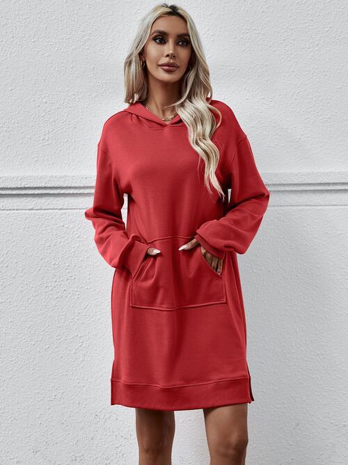 Slit Long Sleeve Hooded Dress with Pocket | 1mrk.com