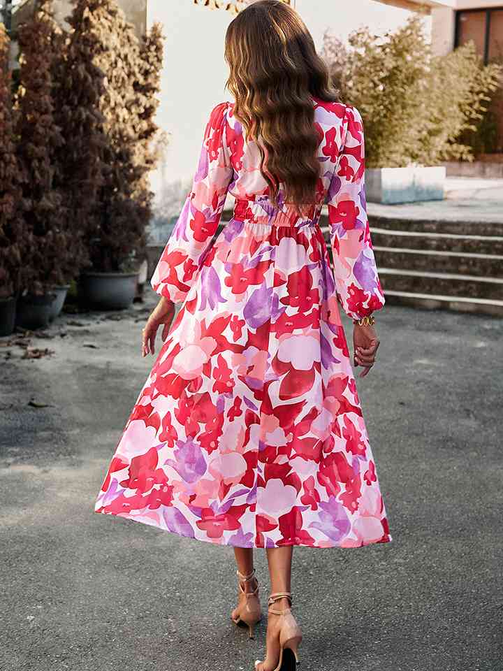 Printed V-Neck Long Sleeve Midi Dress |1mrk.com