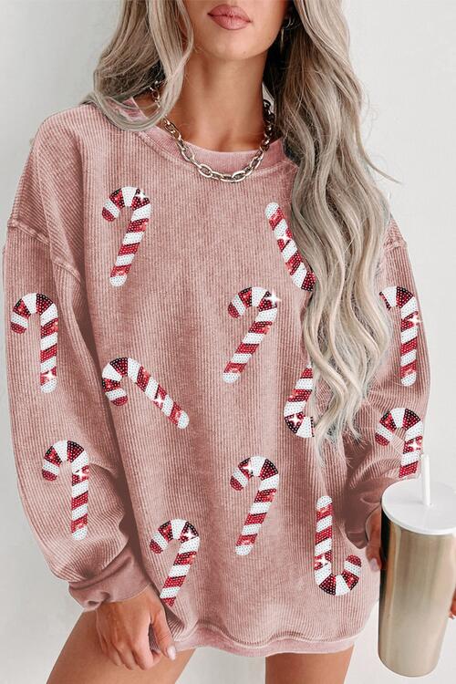 Sequin Candy Cane Round Neck Sweatshirt |1mrk.com