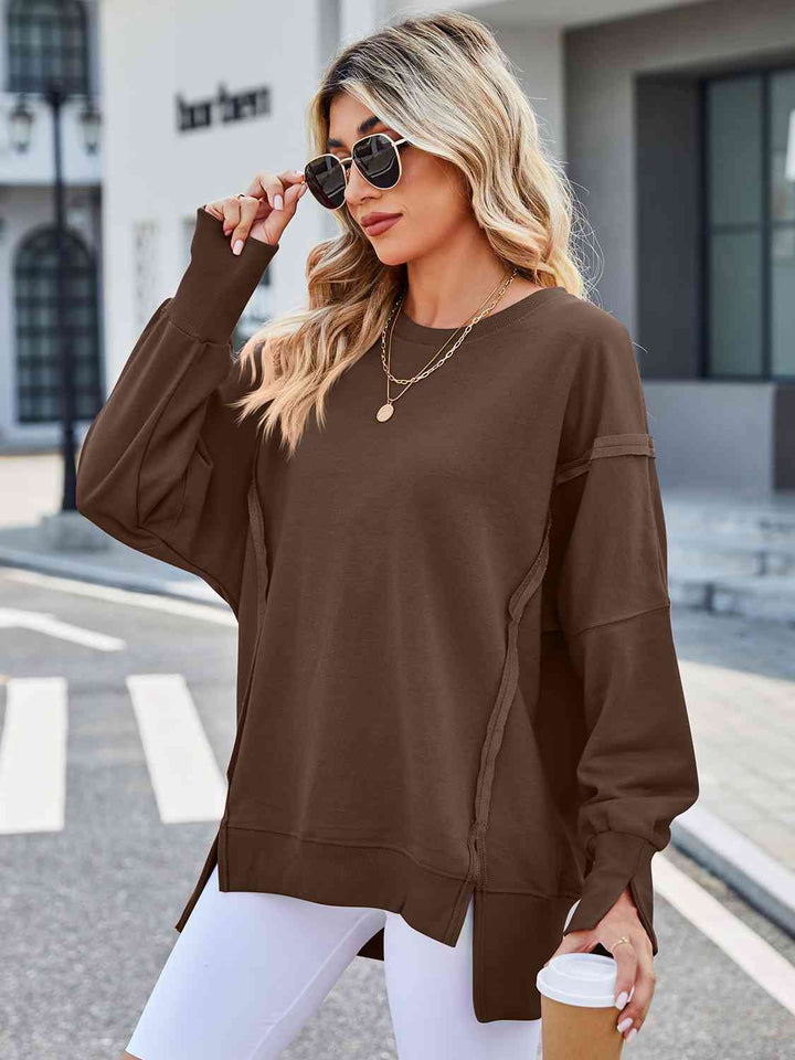 Exposed Seam High-Low Round Neck Sweatshirt |1mrk.com