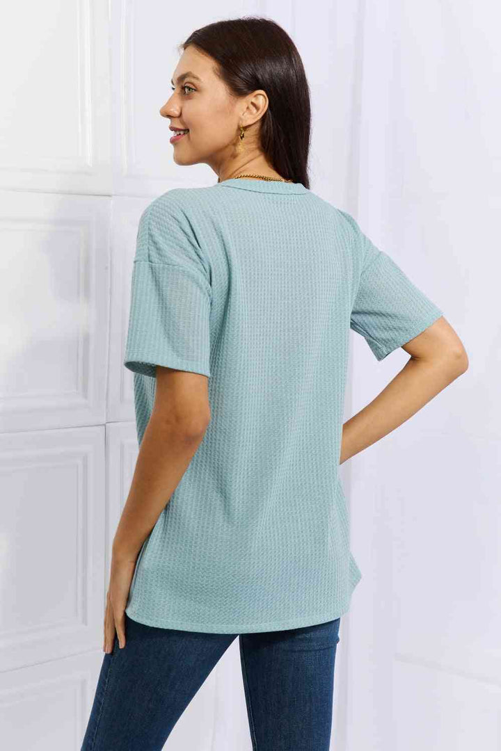 Heimish Made For You Full Size 1/4 Button Down Waffle Top in Blue | 1mrk.com