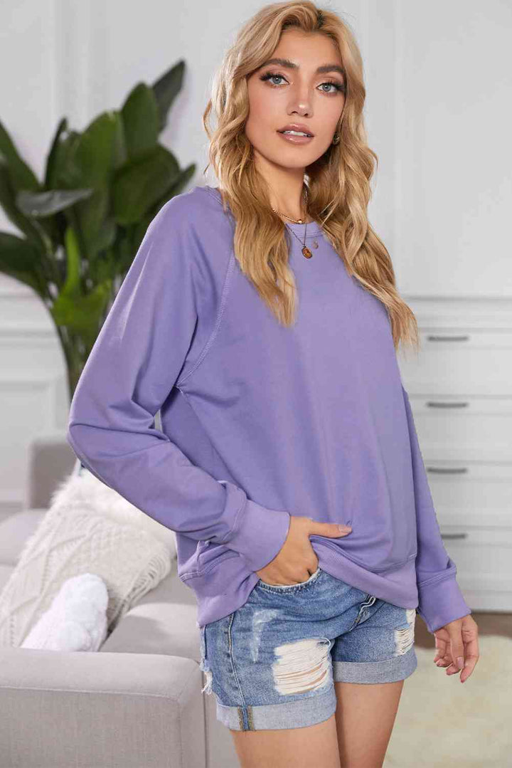 Round Neck Raglan Sleeve Exposed Seam Sweatshirt |1mrk.com